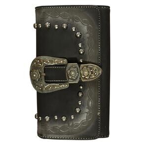 Montana West Western Cowgirl hardware black vegan suede women’s wallet billfold